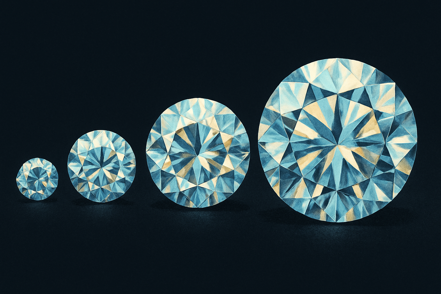Editorial illustration of round brilliant diamonds in graduating sizes