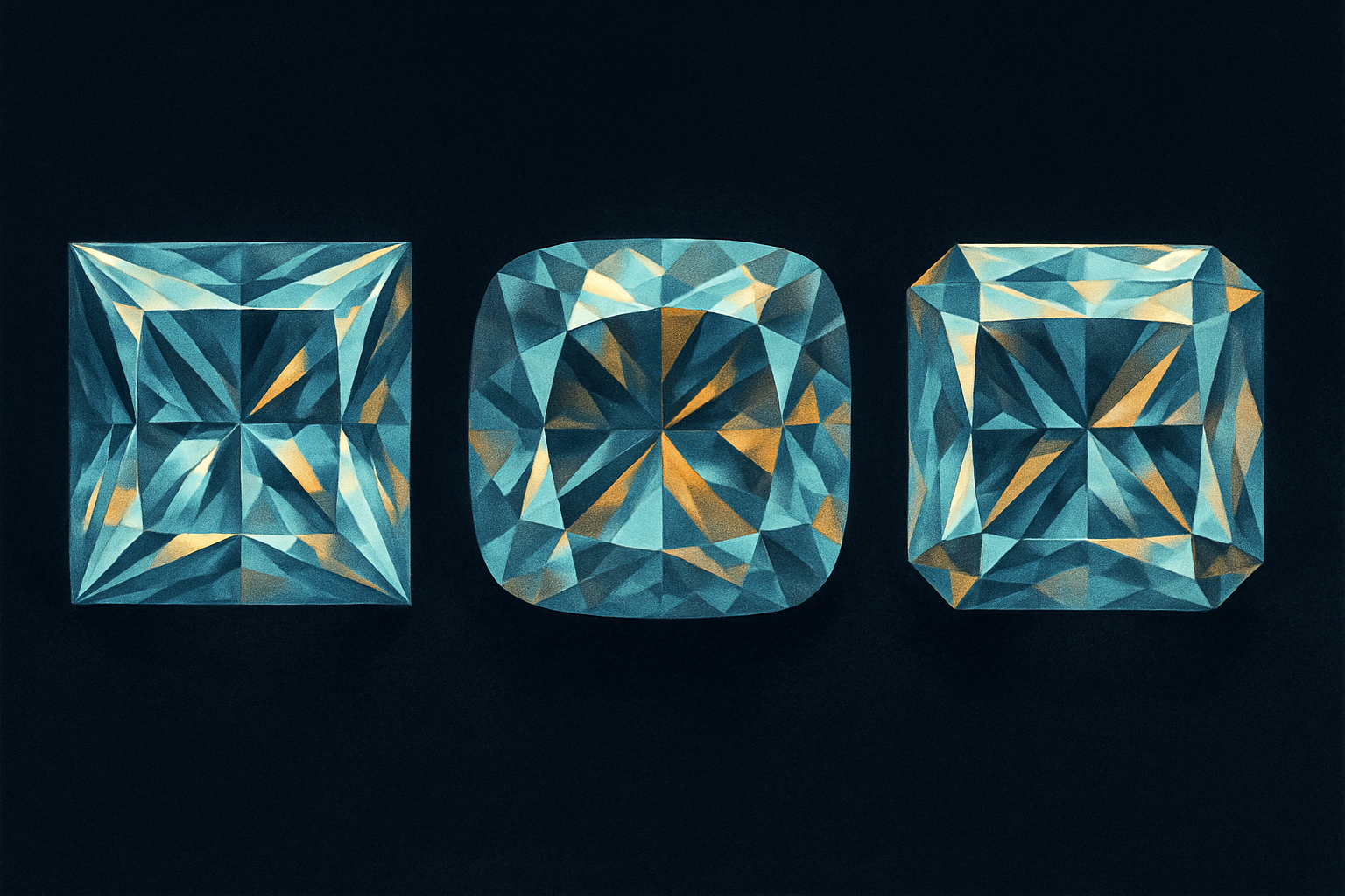 Editorial illustration of princess, cushion, and radiant cut diamonds side by side